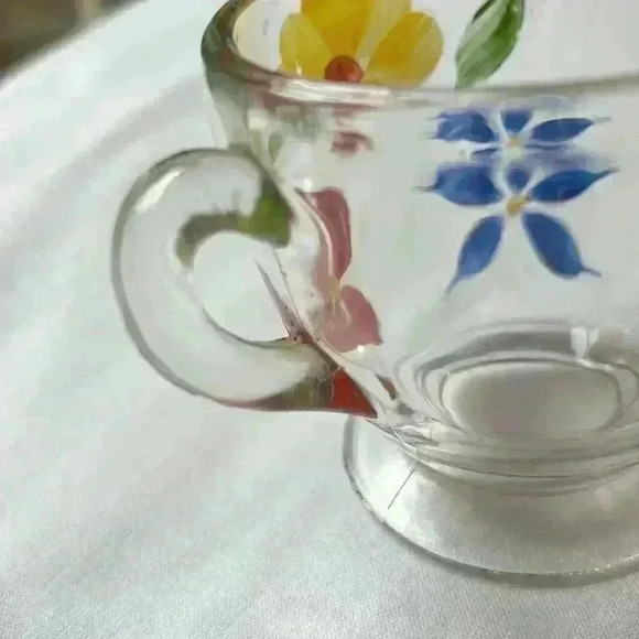 Bartlett Sugar & Creamer Set Hand Painted 1950's Clear Glass W/ Painted Flowers - Picture 5 of 10